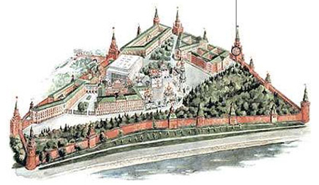 Der Moskauer Kreml. Rechts in der Mitte der von Pietro Solari erbaute Erlöserturm am Roten Platz